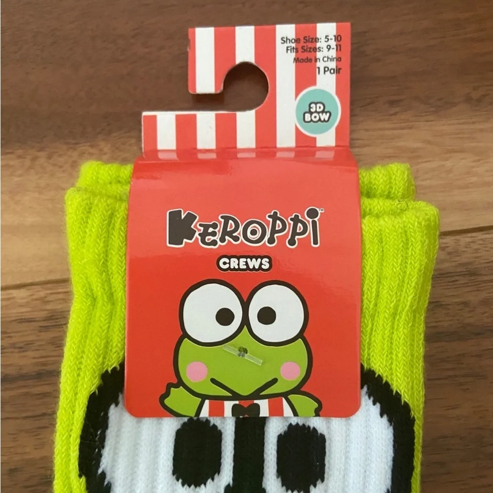 Keroppi Crew Socks NIP 2023 Sanrio 3D Bow Tie Green Hello Kitty One Size Adult